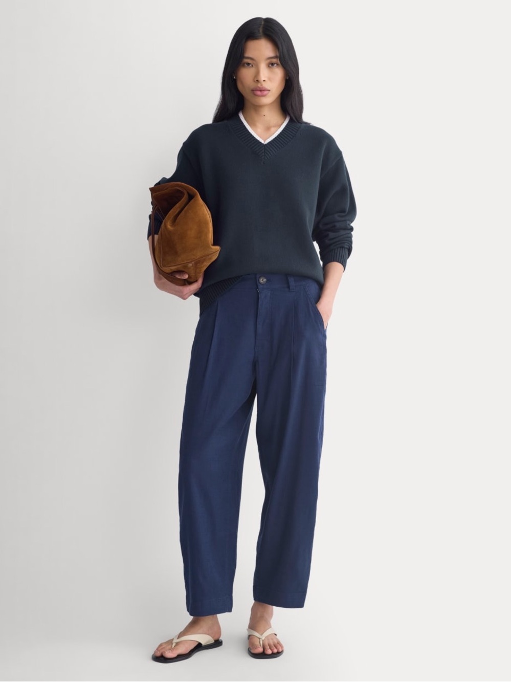 Everlane Navy Stretch Linen Everywhere Pant High-Rise Barrel Trousers Size 10